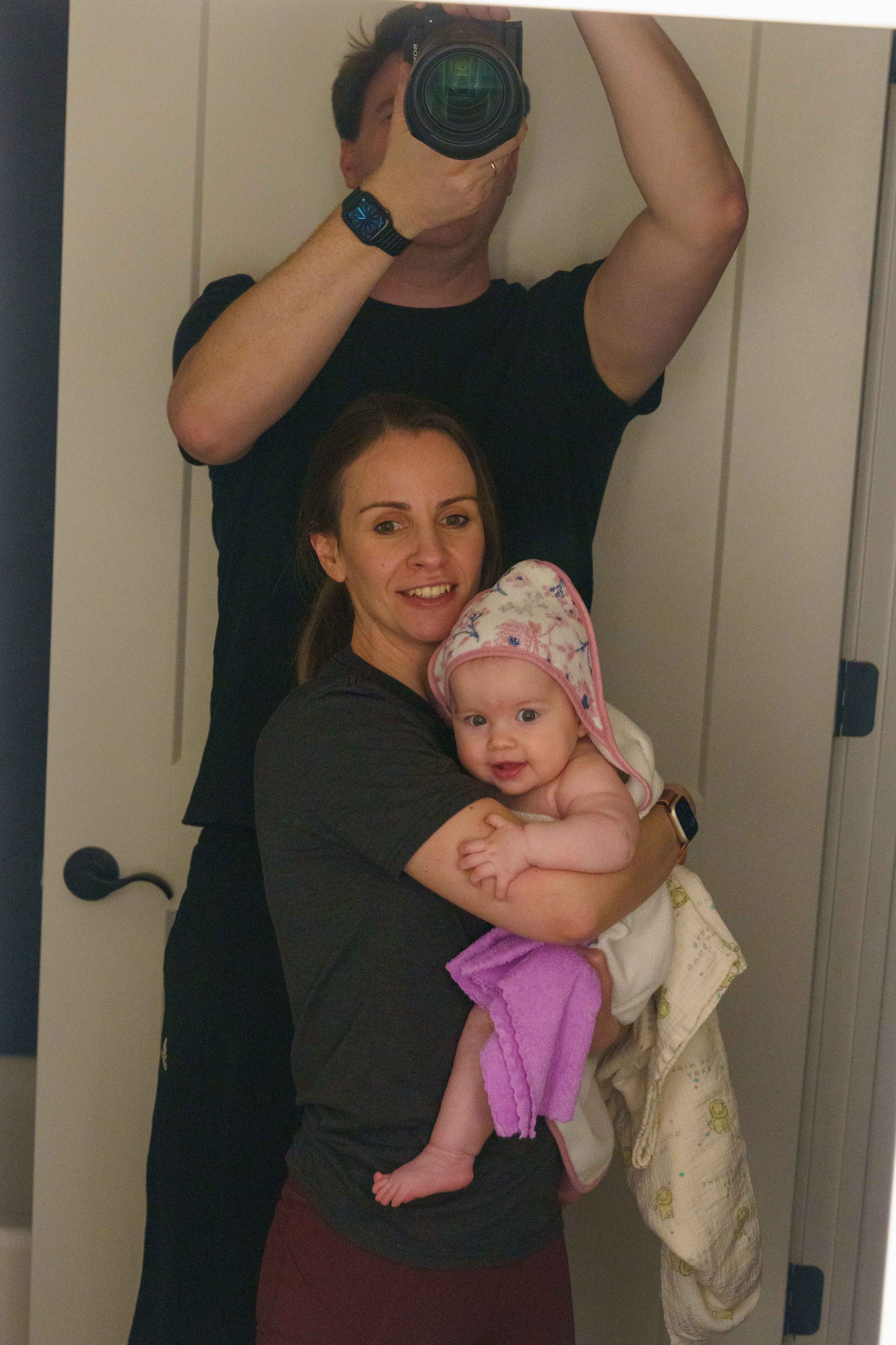 Family mirror selfie with Isabella after bath